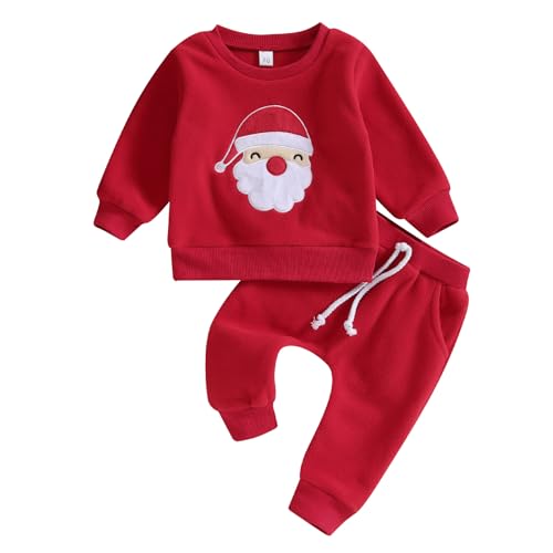 Geagodelia Baby Jungen Weihnachten Outfit Kleidung Weihnachtsoutfit Babykleidung Set Langarmshirt Sweatshirt + Hose Neugeborene Weiche Babyset Zweiteiler (A - Rot Weihnachtsmann, 12-18 Monate) von Geagodelia