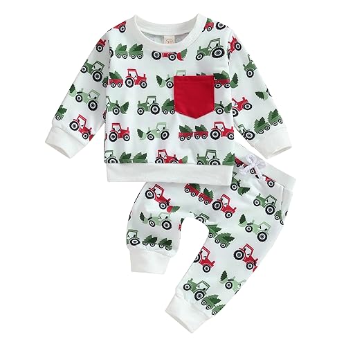 Geagodelia Baby Jungen Weihnachten Outfit Kleidung Weihnachtsoutfit Babykleidung Set Langarmshirt Sweatshirt + Hose Neugeborene Weiche Babyset Zweiteiler (B - Weiß, 3-6 Monate) von Geagodelia