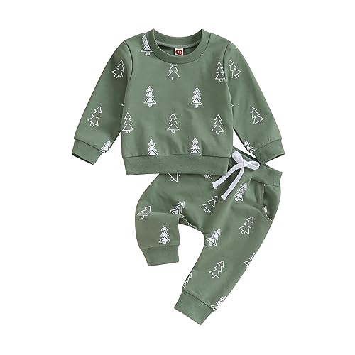 Geagodelia Baby Jungen Weihnachten Outfit Kleidung Weihnachtsoutfit Babykleidung Set Langarmshirt Sweatshirt + Hose Neugeborene Weiche Babyset Zweiteiler (C - Grün Weihnachtsbaum, 6-12 Monate) von Geagodelia