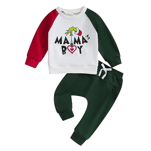 Geagodelia Baby Jungen Weihnachten Outfit Kleidung Weihnachtsoutfit Babykleidung Set Langarmshirt Sweatshirt + Hose Neugeborene Weiche Babyset Zweiteiler (D - Weiß & Grün, 6-12 Monate) von Geagodelia