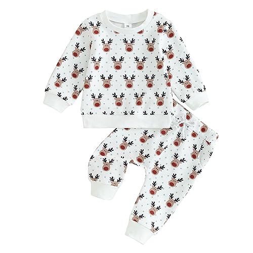 Geagodelia Baby Jungen Weihnachten Outfit Kleidung Weihnachtsoutfit Babykleidung Set Langarmshirt Sweatshirt + Hose Neugeborene Weiche Babyset Zweiteiler (E - Weiß Elch, 12-18 Monate) von Geagodelia