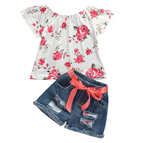 Geagodelia Baby Kinder Kleidung Outfit Mädchen Kinderkleidung Babykleidung Set Bluse Top T-Shirt + Jeans Shorts Kleinkinder Weiche Sommer Babyset (Rot 04, 5-6 Jahre) von Geagodelia