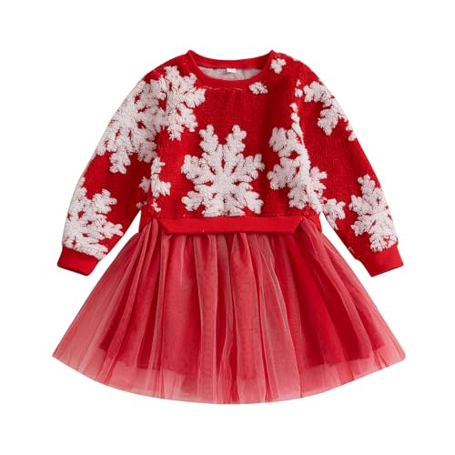Geagodelia Baby Kinder Mädchen Weihnachten Kleid Outfit Prinzessin Weihnachtskleid Weihnachtsoutfit Langarm Babykleidung Kinderkleidung Kuschelige Kleidung (Rot Schneeflocke, 2-3 Jahre) von Geagodelia
