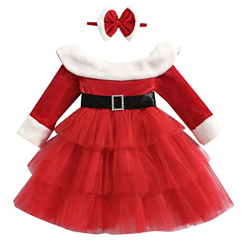 Geagodelia Baby Kinder Mädchen Weihnachten Kleid Outfit Prinzessin Weihnachtskleid Weihnachtsoutfit Langarm Babykleidung Kuschelige Kleidung (Rot 29, 1-2 Jahre) von Geagodelia