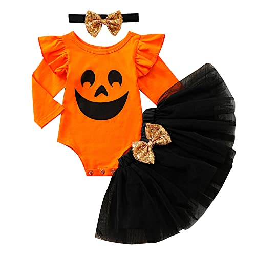 Geagodelia Baby Kleidung Halloween Outfit Babykleidung Set Mädchen Langarm Body Strampler + Tütü Rock Tüllrock Neugeborene Weiche Babyset My First Halloween (Orange & Schwarz 07, 12-18 Monate) von Geagodelia