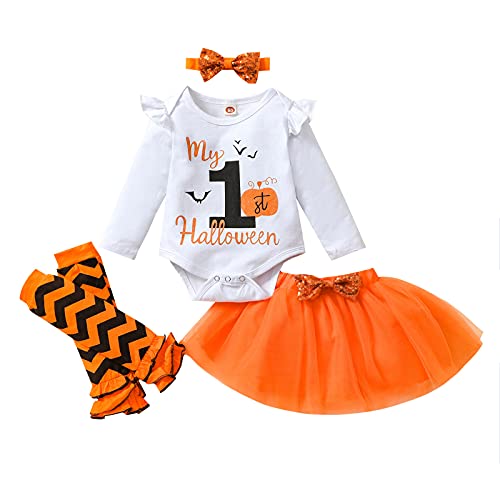 Geagodelia Baby Kleidung Halloween Outfit Babykleidung Set Mädchen Langarm Body Strampler + Tütü Rock Tüllrock Neugeborene Weiche Babyset My First Halloween (Weiß & Orange 49, 0-3 Monate) von Geagodelia