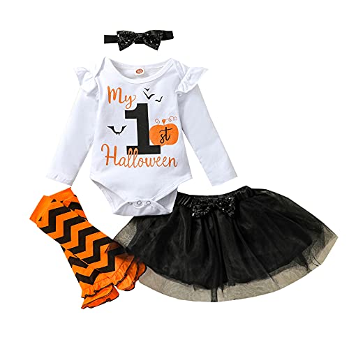 Geagodelia Baby Kleidung Halloween Outfit Babykleidung Set Mädchen Langarm Body Strampler + Tütü Rock Tüllrock Neugeborene Weiche Babyset My First Halloween (Weiß & Schwarz 49, 6-12 Monate) von Geagodelia