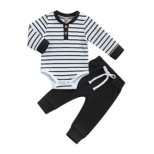 Geagodelia Baby Kleidung Jungen Neugeborene Set Gestreift Langarm Body und Hose Sommer Kleidung Outfit (Gerippt Schwarz, 3-6 Months) von Geagodelia