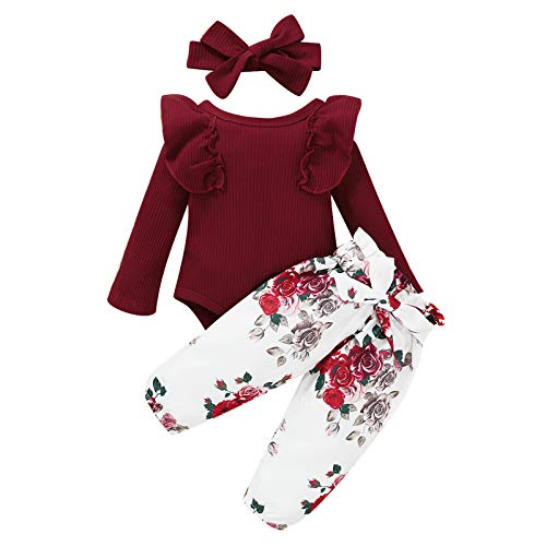 Geagodelia Baby Kleidung Mädchen Langarm Body Strampler Blumen Hose Stirnband Baby Neugeborenen Set Mädchen Outfit Babykleidung Set (B Weinrot, 12-24 Monate) von Geagodelia