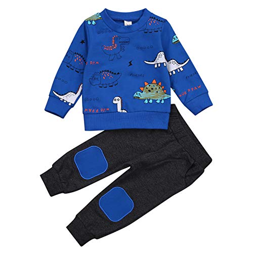 Geagodelia Baby Kleidung Outfit Jungen Babykleidung Set T-Shirt Sweatshirt + Hose Neugeborene Weiche Dinosaurier Babyset (Blau - Langarm, 6-12 Monate) von Geagodelia