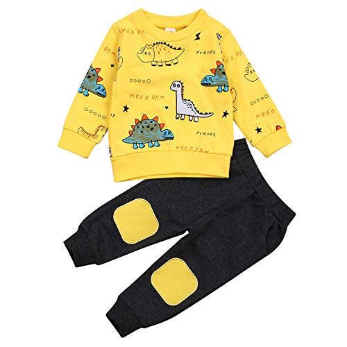 Geagodelia Baby Kleidung Outfit Jungen Babykleidung Set T-Shirt Sweatshirt + Hose Neugeborene Weiche Dinosaurier Babyset (Gelb - Langarm, 6-12 Monate) von Geagodelia