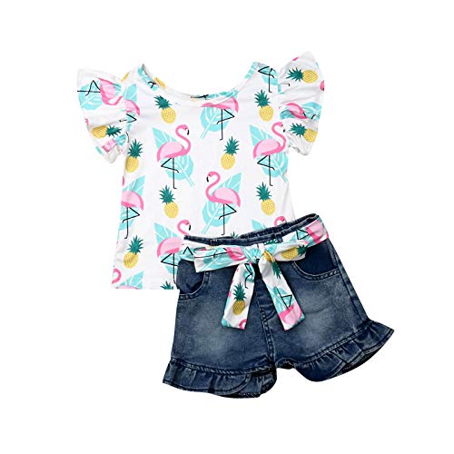 Geagodelia Baby Kleidung Set Baby Mädchen Denim Shorts Set T-Shirt Kurzarm Oberteile Top Shirt Neugeborenen Set Mädchen Baby Sommer Kleidung Outfit (Flamingo, 5-6 Jahre) von Geagodelia