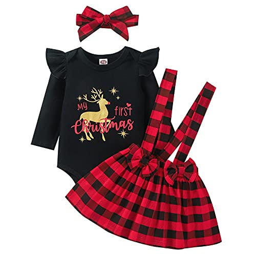 Geagodelia Baby-Kleidungs-Set für Neugeborene, Kleinkinder, Mädchen, My First Christmas, langärmelig, Bodysuit, Top, kariert, Strapsrock, Stirnband, Weihnachtsoutfit, Schwarz , 50 von Geagodelia