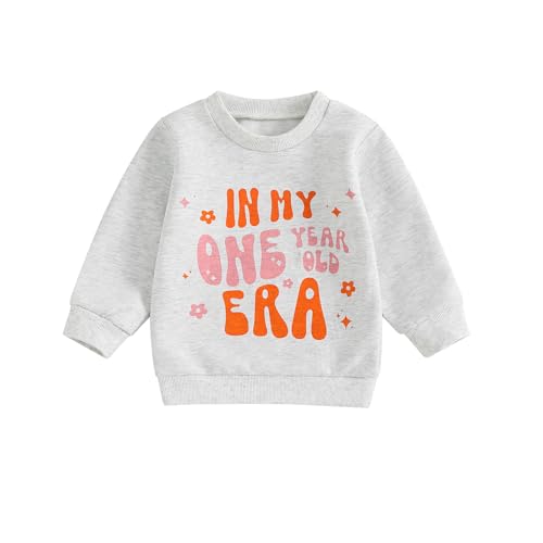 Geagodelia Baby Mädchen 1. Jahr Geburtstags Sweatshirt In My One Year Old Era Langarmshirt Oberteil Baby Mein Erster Geburtstags Outfit Sommer Kleidung (In My One Year Old Hellgrau, 12-18 Months) von Geagodelia