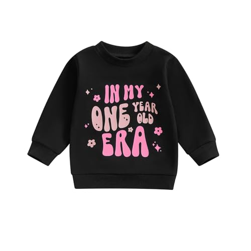 Geagodelia Baby Mädchen 1. Jahr Geburtstags Sweatshirt In My One Year Old Era Langarmshirt Oberteil Baby Mein Erster Geburtstags Outfit Sommer Kleidung (In My One Year Old Schwarz, 12-18 Months) von Geagodelia