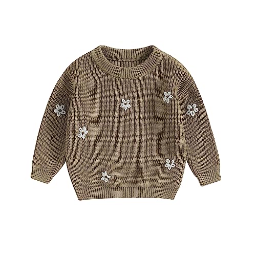 Geagodelia Baby Mädchen Gestrickt Pullover Langarm Rundhalsausschnitt Blume Winter Warm Gerippt Stricken Klobig Top Weich Kleinkind Kleidung Herbst Outwear (B Khaki, 0-3 Months) von Geagodelia
