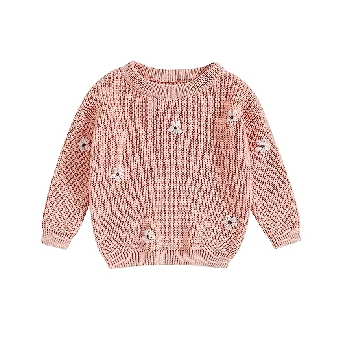 Geagodelia Baby Mädchen Gestrickt Pullover Langarm Rundhalsausschnitt Blume Winter Warm Gerippt Stricken Klobig Top Weich Kleinkind Kleidung Herbst Outwear (B Pink, 0-3 Months) von Geagodelia