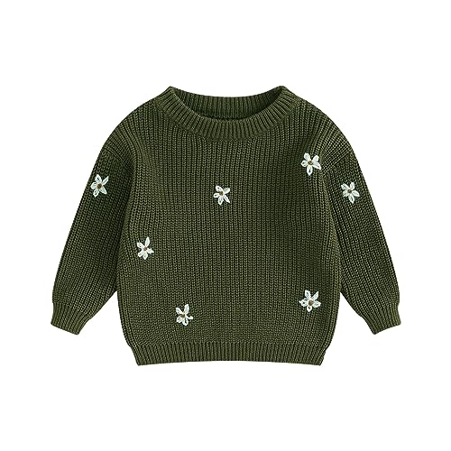 Geagodelia Baby Mädchen Gestrickt Pullover Langarm Rundhalsausschnitt Blume Winter Warm Gerippt Stricken Klobig Top Weich Kleinkind Kleidung Herbst Outwear (C Smaragd, 9-12 Months) von Geagodelia