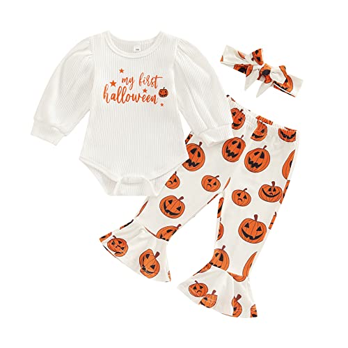 Geagodelia Baby Mädchen Halloween Kleidung Outfit Kürbis Babykleidung Set Body Top + Hose + Stirnband Neugeborene Kleinkinder Weiche Babyset My First Halloween (A - Weiß, 3-6 Monate) von Geagodelia