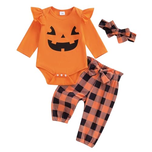 Geagodelia Baby Mädchen Halloween Kleidung Outfit Kürbis Babykleidung Set Body Top + Hose + Stirnband Neugeborene Kleinkinder Weiche Babyset My First Halloween (F - Orange, 3-6 Monate) von Geagodelia