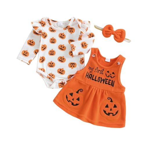Geagodelia Baby Mädchen Halloween Kleidung Outfit Kürbis Geist Babykleidung Set Body Top + Overall Kleid Neugeborene Weiche Babyset (My First Halloween - Orange 2, 0-3 Monate) von Geagodelia