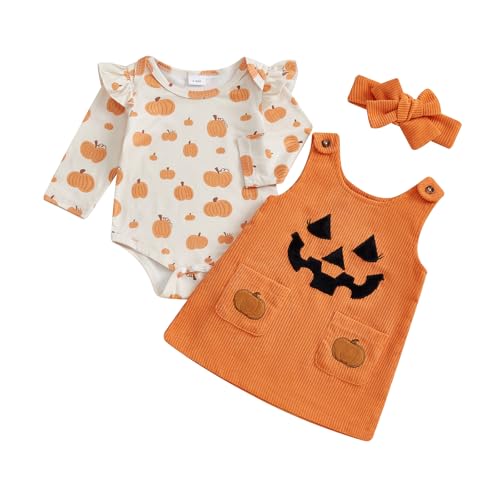 Geagodelia Baby Mädchen Halloween Kleidung Outfit Kürbis Geist Babykleidung Set Body Top + Overall Kleid Neugeborene Weiche Babyset (Orange & Beige, 6-12 Monate) von Geagodelia