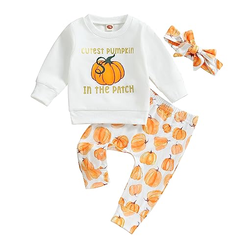 Geagodelia Baby Mädchen Halloween Kürbis Kleidung Outfit Babykleidung Set Langarmshirt Top + Hose Neugeborene Kleinkinder Weiche Babyset My First Halloween (D - Weiß, 6-12 Monate) von Geagodelia
