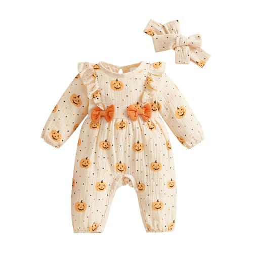 Geagodelia Baby Mädchen Halloween Kürbis Strampler + Stirnband Neugeborene Kleidung Outfit Overall Babykleidung Weiche Babystrampler Mein Erstes Halloween (Aprikose, 0-3 Monate) von Geagodelia