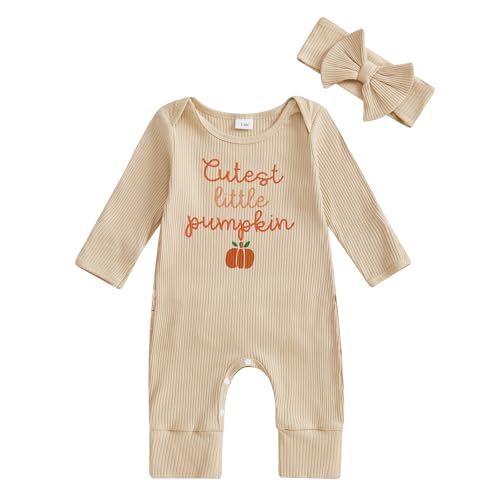 Geagodelia Baby Mädchen Halloween Strampler Overall + Stirnband Kürbis Kleidung Outfit Babykleidung Neugeborene Weiche Babystrampler Mein Erstes Halloween (Little Pumpkin - Khaki, 0-3 Monate) von Geagodelia