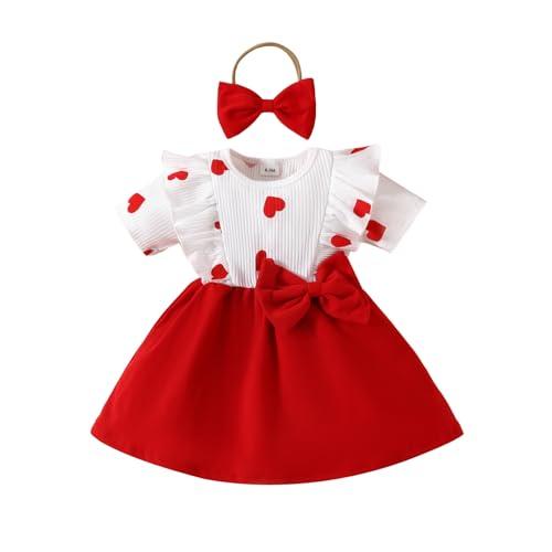 Geagodelia Baby Mädchen Herbstkleid Valentinstag Kleidung Herzdruck Rippstrickkleid Mode Casual Prinzessin Kleid mit Stirnband, A Rot, 9-12 Months von Geagodelia