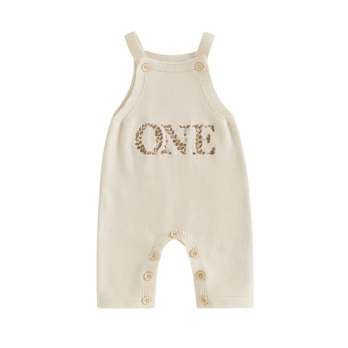 Geagodelia Baby Mädchen Junge 1. Jahr Geburtstags Outfit Ärmellos Gestrickt Strampler ohne Füße Mein Erster Geburtstag Kleidung Sommer Einteiler Latzhose (One Beige, 12-18 Months) von Geagodelia