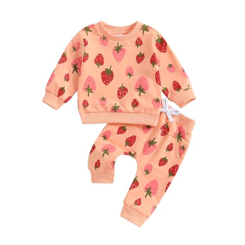 Geagodelia Baby Mädchen Jungen Kleidung Babykleidung Erdbeere Outfit Set Langarmshirt Sweatshirt + Hose Neugeborene Weiche Babyset Zweiteiler (A - Pink, 0-3 Monate) von Geagodelia