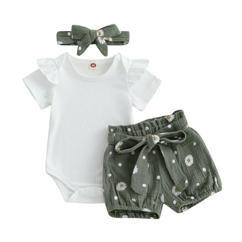 Geagodelia Baby Mädchen Kleidung Babykleidung Outfit Set Kurzarm Body Strampler + Gänseblümchen Shorts + Stirnband Neugeborene Weiche Sommer Babyset (A - Dunkelgrün, 3-6 Monate) von Geagodelia