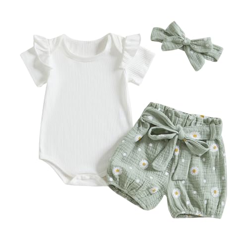 Geagodelia Baby Mädchen Kleidung Babykleidung Outfit Set Kurzarm Body Strampler + Gänseblümchen Shorts + Stirnband Neugeborene Weiche Sommer Babyset (A - Grün, 12-18 Monate) von Geagodelia