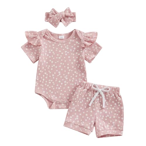 Geagodelia Baby Mädchen Kleidung Babykleidung Outfit Set Kurzarm Body Strampler + Gänseblümchen Shorts + Stirnband Neugeborene Weiche Sommer Babyset (B - Pink, 12-18 Monate) von Geagodelia