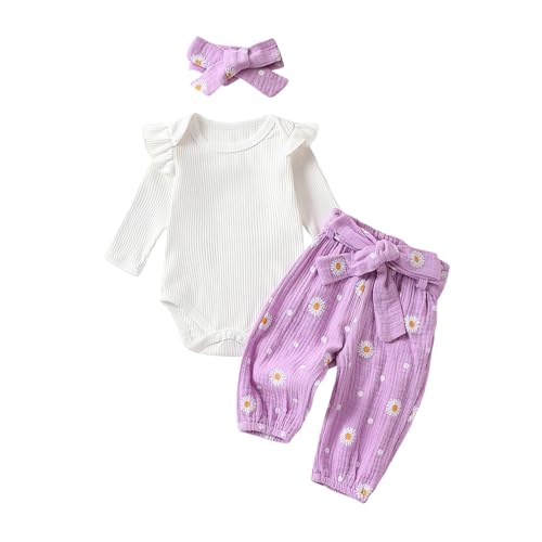 Geagodelia Baby Mädchen Kleidung Babykleidung Outfit Set Langarm Body Strampler + Gänseblümchen Hose + Stirnband Neugeborene Weiche Babyset (Lila, 18-24 Monate) von Geagodelia