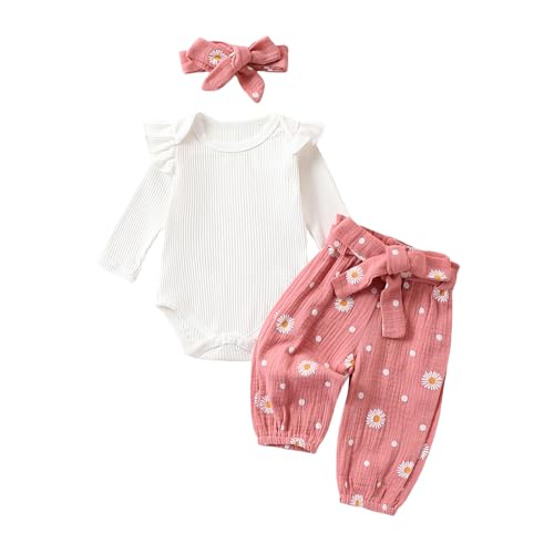 Geagodelia Baby Mädchen Kleidung Babykleidung Outfit Set Langarm Body Strampler + Gänseblümchen Hose + Stirnband Neugeborene Weiche Babyset (Pink A, 12-18 Monate) von Geagodelia