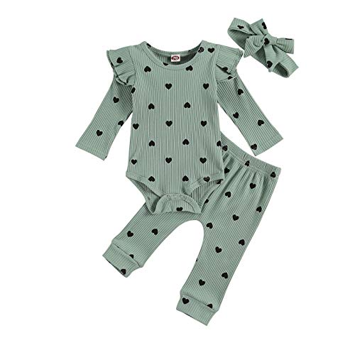Geagodelia Baby Mädchen Kleidung Herz Outfit Babykleidung Set Langarm Body Strampler + Hose Neugeborene Weiche Babyset Valentinstag (A - Grün, 6-12 Monate) von Geagodelia