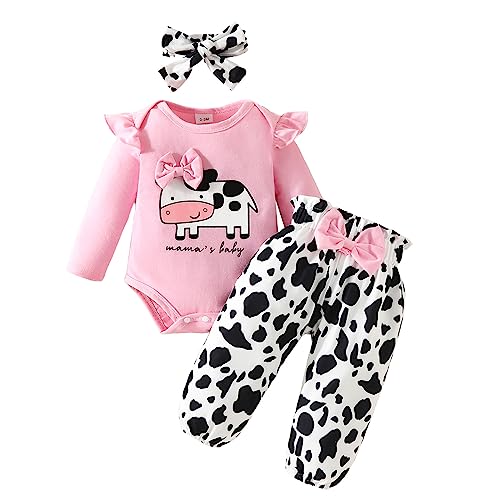 Geagodelia Baby Mädchen Kleidung Outfit Babykleidung Set Langarm Body Strampler + Leopard Hose + Stirnband Neugeborene Weiche Babyset Zweiteiler Kuh (Pink, 0-3 Monate) von Geagodelia