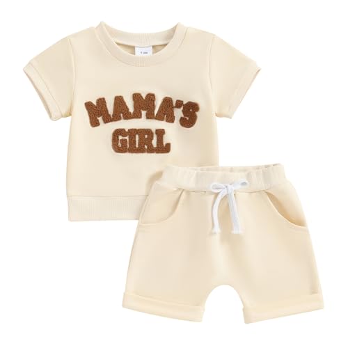 Geagodelia Baby Mädchen Kleidung Outfit Babykleidung Set T-Shirt Top + Shorts Neugeborene Kleinkinder Weiche Babyset Sommer Zweiteiler (Mama's Girl - Beige 30, 6-12 Monate) von Geagodelia