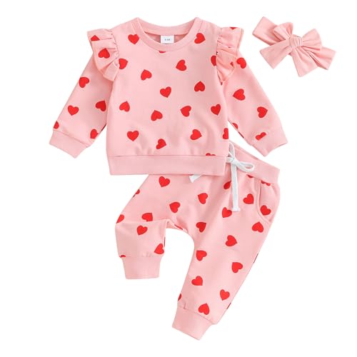 Geagodelia Baby Mädchen Kleidung Outfit Herz Babykleidung Set Langarmshirt Top + Hose Neugeborene Kleinkinder Weiche Babyset Valentinstag (A - Pink, 0-6 Monate) von Geagodelia