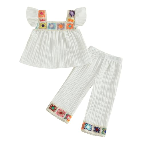 Geagodelia Baby Mädchen Kleidung Set Sommer Outfit Ärmellos Babydoll Oberteil und Plissee Hose Bekleidungssets (Bunte Blumen Weiß, 18-24 Monate) von Geagodelia