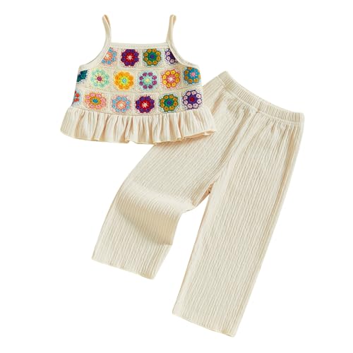 Geagodelia Baby Mädchen Kleidung Set Sommer Outfit Gehäkelt Camisole Oberteil und Plissee Hose Bekleidungssets (Bunte Blumen Beige, 2-3 Jahre) von Geagodelia