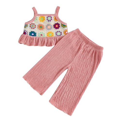Geagodelia Baby Mädchen Kleidung Set Sommer Outfit Gehäkelt Camisole Oberteil und Plissee Hose Bekleidungssets (Bunte Blumen Dunkelpink, 4-5 Jahre) von Geagodelia