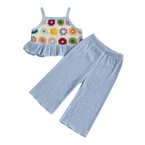 Geagodelia Baby Mädchen Kleidung Set Sommer Outfit Gehäkelt Camisole Oberteil und Plissee Hose Bekleidungssets (Bunte Blumen Hellblau, 2-3 Jahre) von Geagodelia