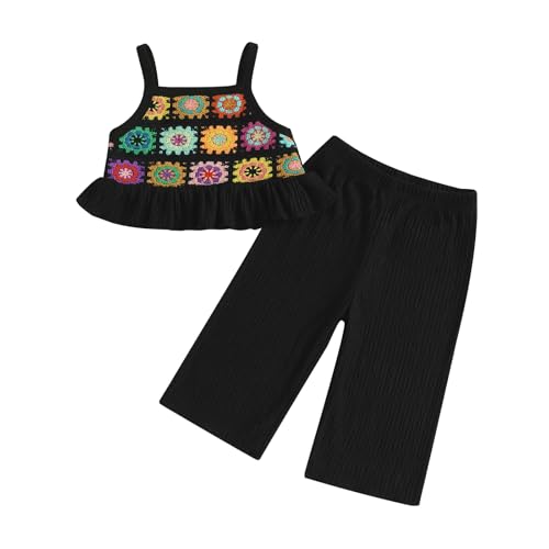 Geagodelia Baby Mädchen Kleidung Set Sommer Outfit Gehäkelt Camisole Oberteil und Plissee Hose Bekleidungssets (Bunte Blumen Schwarz, 3-4 Jahre) von Geagodelia