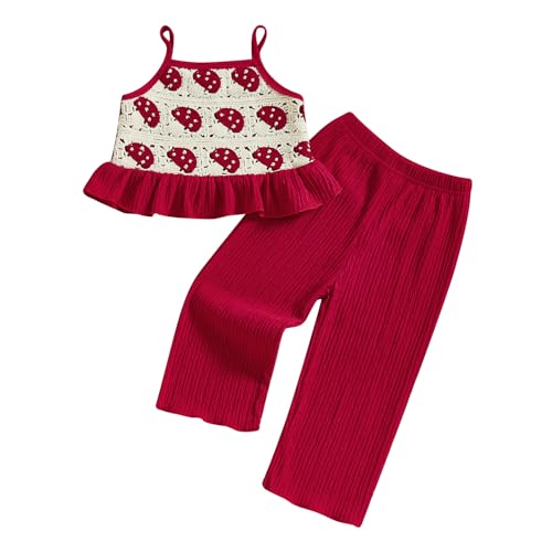 Geagodelia Baby Mädchen Kleidung Set Sommer Outfit Gehäkelt Camisole Oberteil und Plissee Hose Bekleidungssets (Pilze Rot, 3-4 Jahre) von Geagodelia