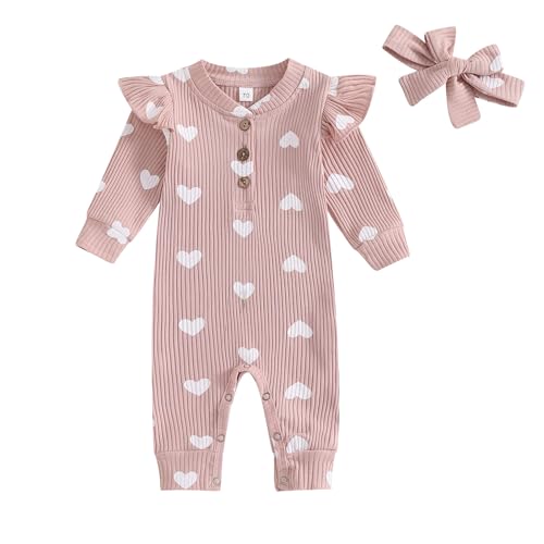 Geagodelia Baby Mädchen Strampler Overall Herz Bogen Outfit Kleidung Babykleidung Schlafstrampler Neugeborene Weiche Jumpsuit Babystrampler Valentinstag (Herz - Pink, 12-18 Monate) von Geagodelia