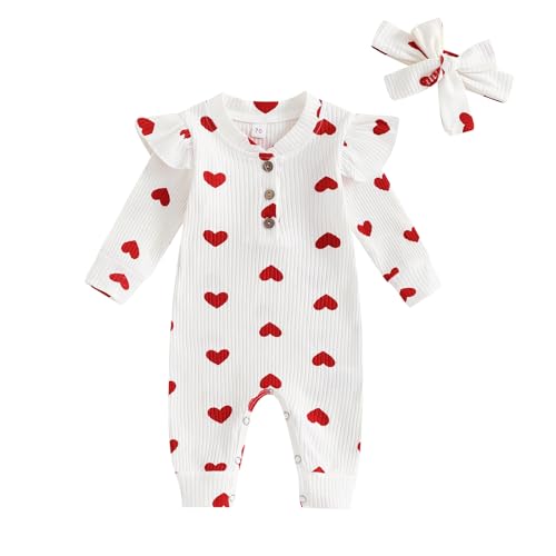 Geagodelia Baby Mädchen Strampler Overall Herz Bogen Outfit Kleidung Babykleidung Schlafstrampler Neugeborene Weiche Jumpsuit Babystrampler Valentinstag (Herz - Weiß, 6-12 Monate) von Geagodelia