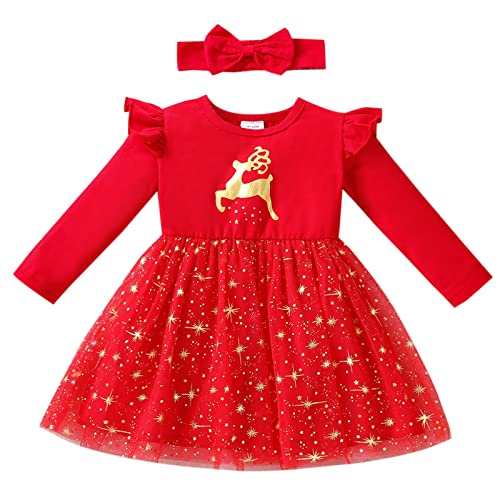 Geagodelia Baby Mädchen Weihnachten Kleid Outfit Prinzessin Weihnachtskleid Weihnachtsoutfit Langarm Babykleidung Neugeborene Weiche Kleidung My First Christmas (Rot 22 - Elch, 18-24 Monate) von Geagodelia